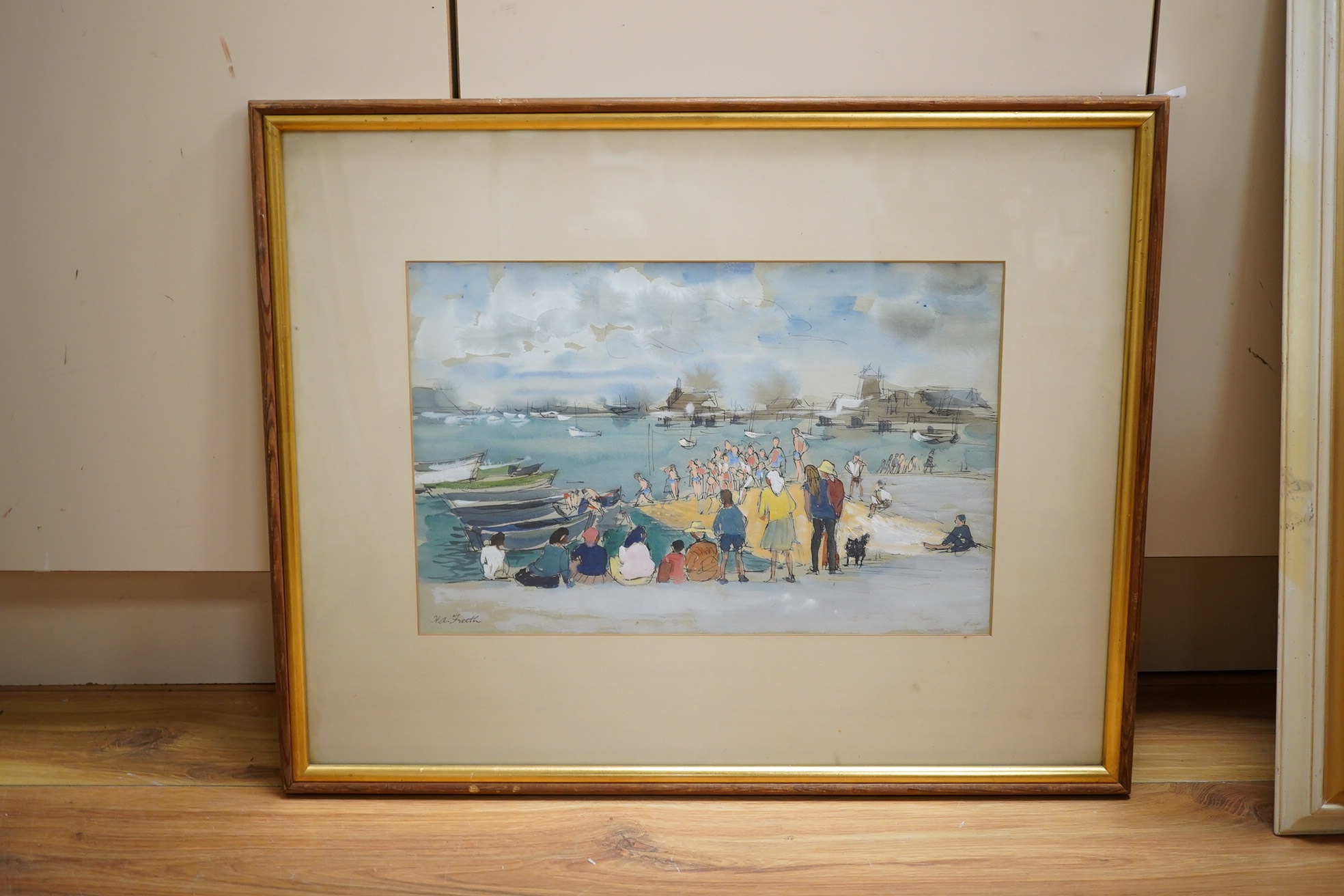 Hubert Andrew Freeth (1912-1986), Ink and watercolour, ‘Swimming Contest in the Port (Cameret - Brittany), 28x43cm. Condition - good